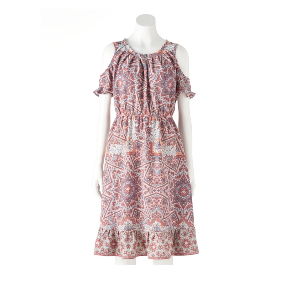 LC Lauren Conrad Pink and White Patterned Midi Dress